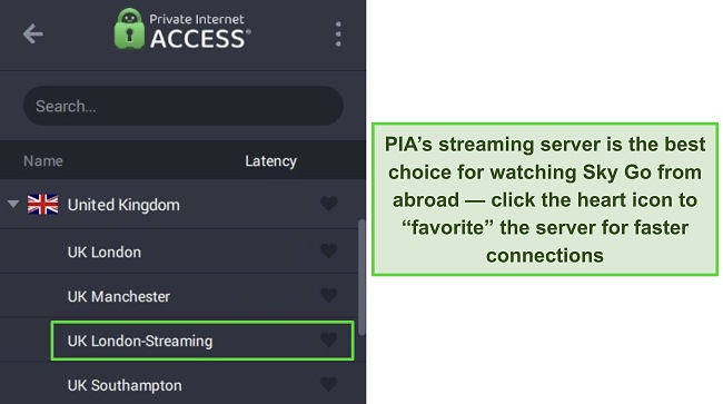 PIA's Windows app showing the optimized streaming server for the UK.