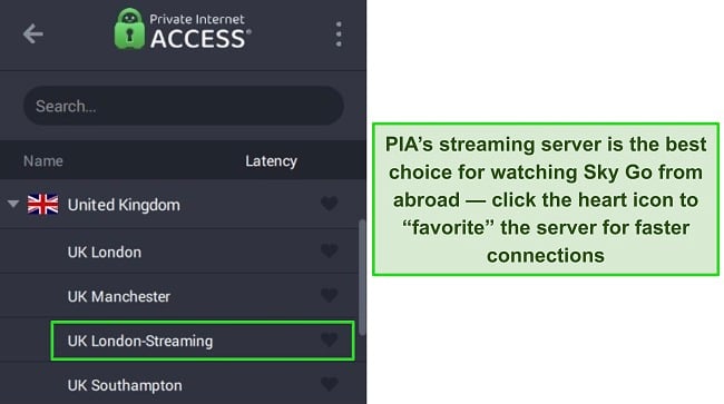 PIA's Windows app showing the optimized streaming server for the UK.