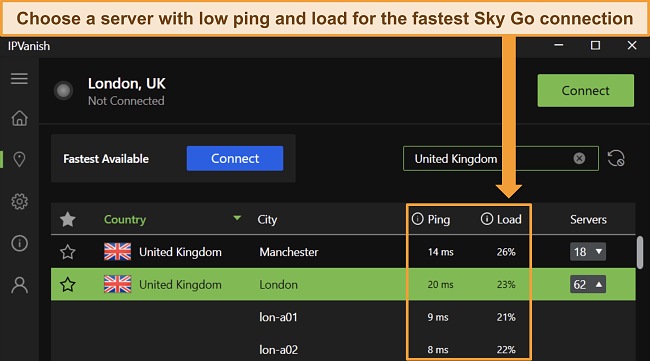 IPVanish's Windows app, highlighting the ping and user load details for UK servers.
