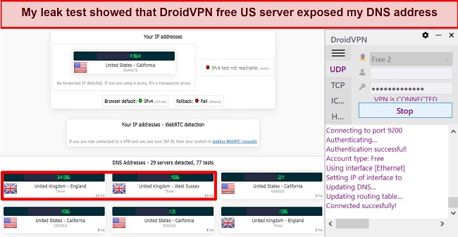 Screenshot of my failed DNS leak test while connected to a DroidVPN server in USA
