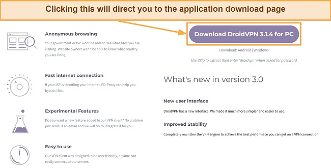 Screenshot of the download page for DroidVPN's Windows setup file