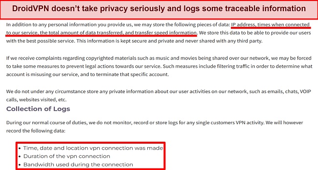 Screenshot of DroidVPN's privacy policy excerpt