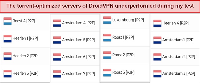 Screenshot of DroidVPN's torrent optimised servers
