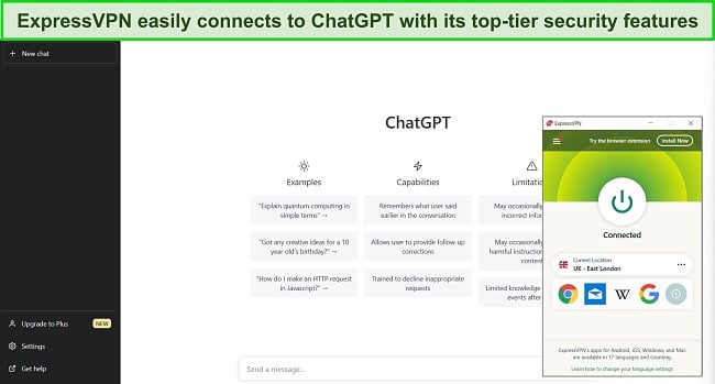 Image of ExpressVPN connected to a UK server, with ChatGPT open and available.