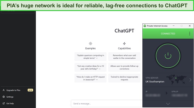 Screenshot of PIA connected to a UK server with ChatGPT available in a web page.