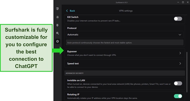 Screenshot of Surfshark's Windows app, showing the VPN settings options.