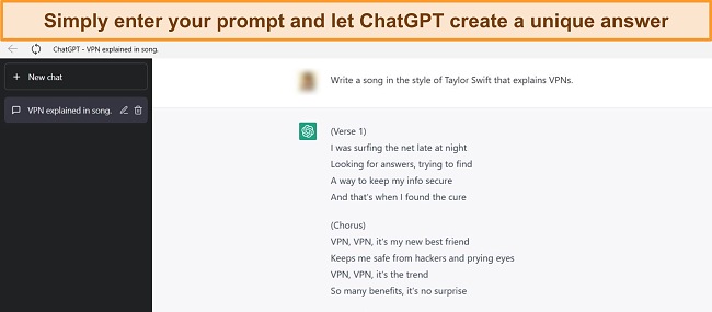 Image of ChatGPT responding to a prompt about creating a song in the style of Taylor Swift describing VPNs.