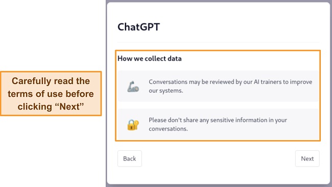 Image of ChatGPT terms of use, showing the user how data is collected when using the service.