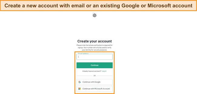 Image of ChatGPT's new account signup page showing the options for creating a new account.