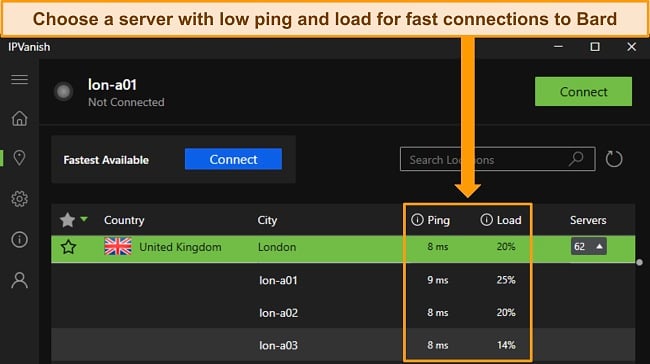 Image of IPVanish's Windows app, showing the ping and user load for individual UK - London servers.