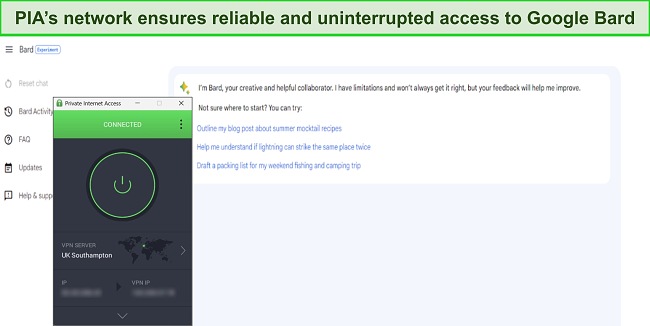 Image of Google Bard open, with PIA connected to a UK - Southampton server.