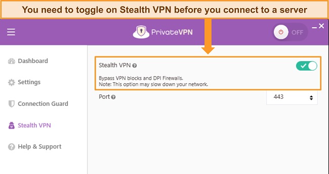 Screenshot of PrivateVPN's Windows app, showing the Stealth VPN option and how to toggle it on and off.