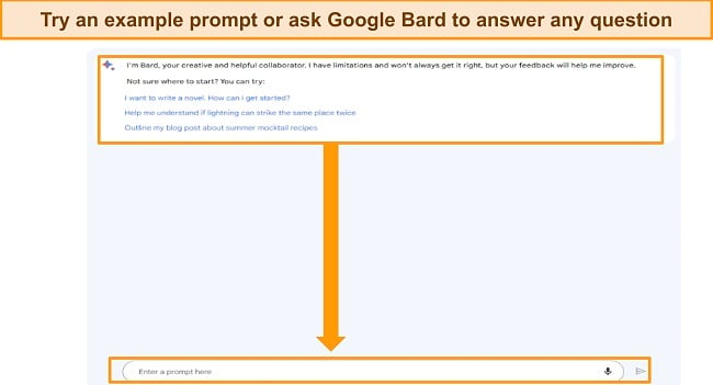 screenshot of Google Bard, with example prompts highlighted, as well as the 