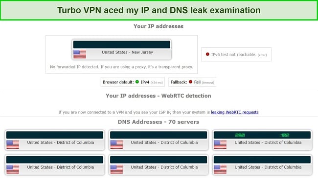 Screenshot of leak test results while using Turbo VPN