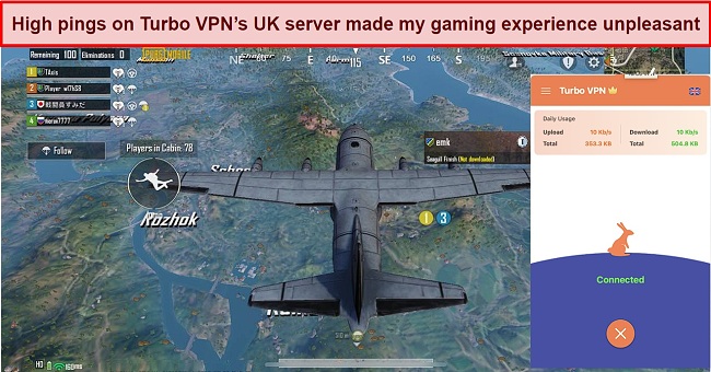 Screenshot of my gaming experience with Turbo VPN