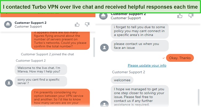 Screenshot of my exchanges with a Turbo Customer Service representative