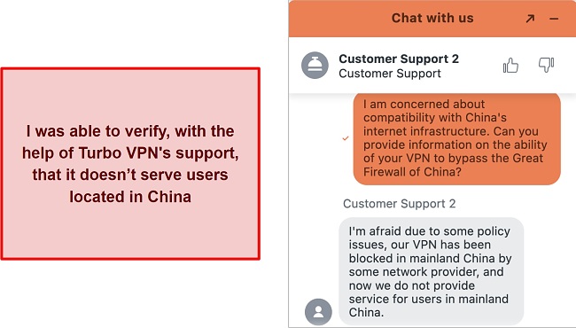 Screenshot of my interaction with Turbo’s support confirming it cannot be used in China