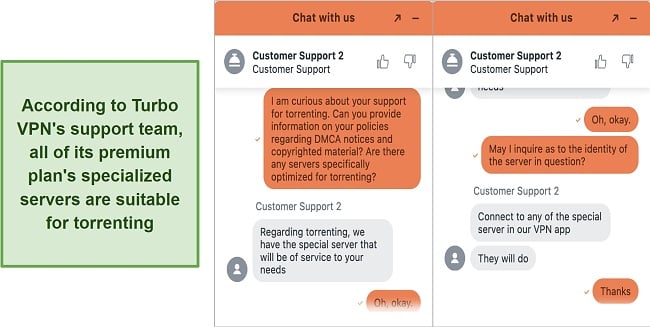 Screenshot of my interaction with Turbo’s support confirming it supports torrenting
