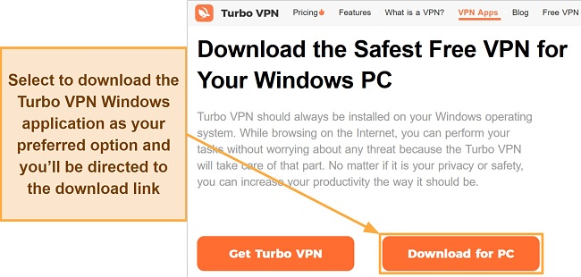 Screenshot of Turbo’s windows application download page
