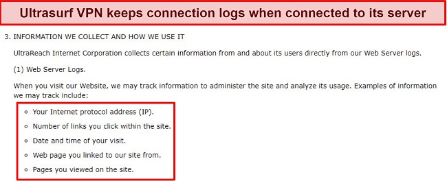 Screenshot of what Ultrasurf VPN's privacy policy says about data collection