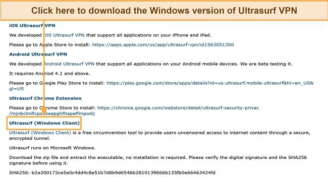 Screenshot of Ultrasurf VPN download page