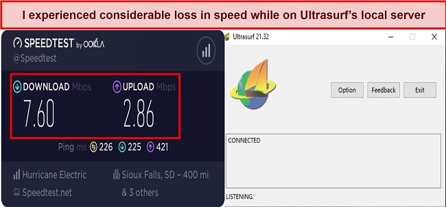 Screenshot of speed test results while using Ultrasurf VPN