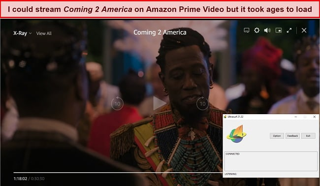 Screenshot of Ultrasurf VPN unblocking Amazon Prime