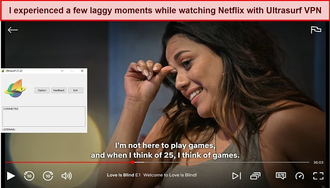 Screenshot of Ultrasurf VPN unblocking Netflix