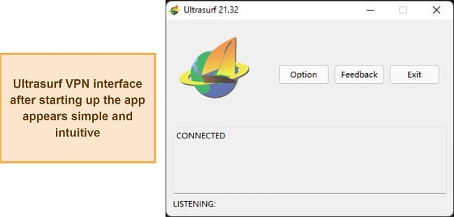 Screenshot of Ultrasurf VPN user interface