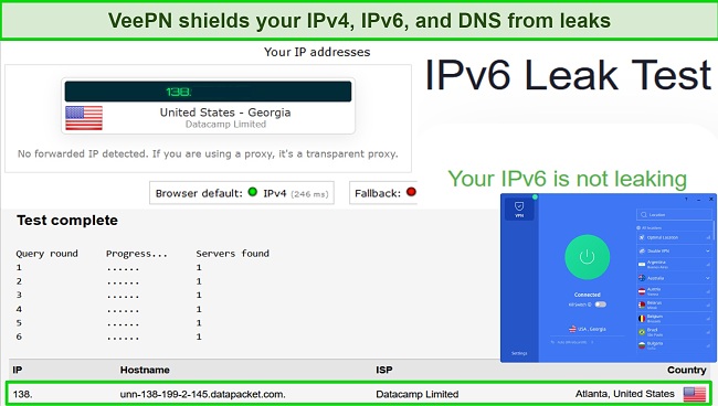 Screenshot of IP and DNS leak test results using VeePN