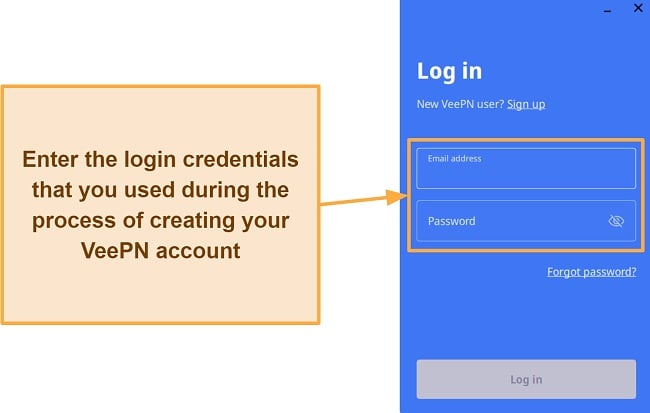 Screenshot of VeePN's login interface