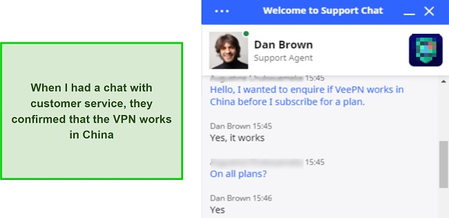  Screenshot of chat with VeePN customer support