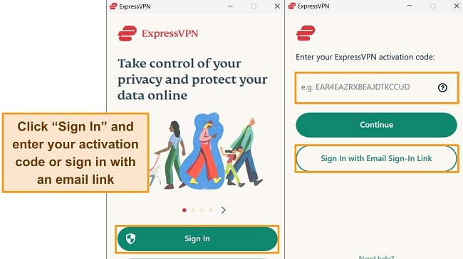 Screenshots of ExpressVPN's sign-in process on Windows.