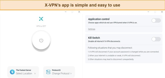 Screenshot of X-VPN connection and settings interface