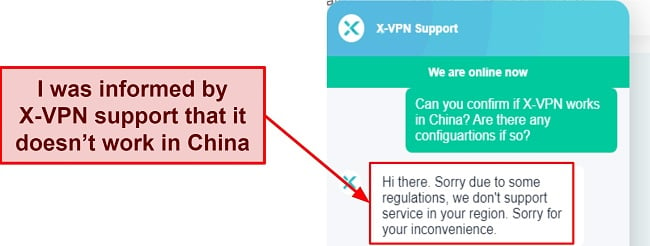 Screenshot confirming X-VPN doesnt work in China
