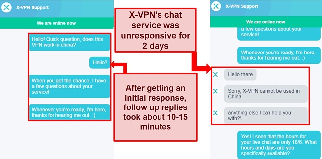 Screenshot of X-VPN slow live chat response time