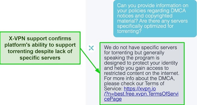 Screenshot of X-VPN support confirming the service supports torrenting