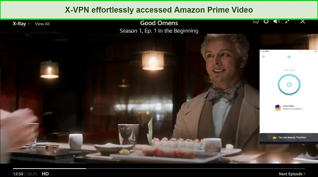 Screenshot of X-VPN unblocking Amazon Prime Video