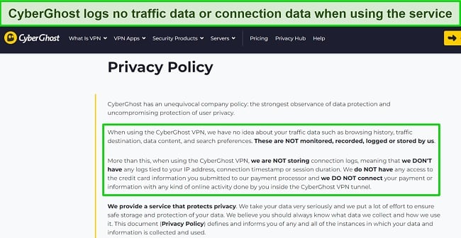 Screenshot of CyberGhost's privacy policy.
