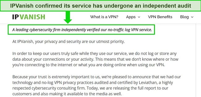 Screenshot of IPVanish's website detailing its recent independent audit.