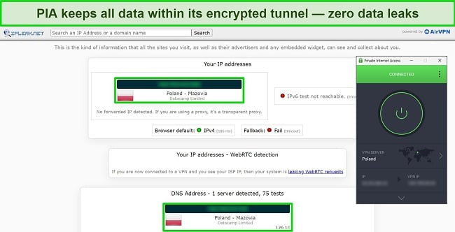 Screenshot of PIA connected to a Polish server, with leak test results showing no data leaks.