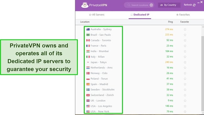 Screenshot of PrivateVPN's Windows app, highlighting the Dedicated IP menu to show the options owned and operated by the service.