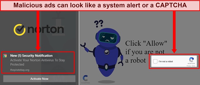 A screenshot of ads that look like a captcha challenges and a Norton antivirus security notification
