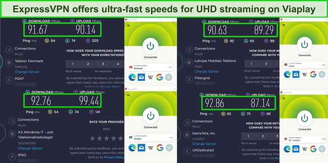 Screenshot of ExpressVPN's speed test results connected to Denmark, Sweden, Latvia, and UK