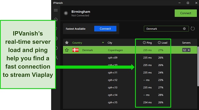 Screenshot of IPVanish's Windows app showing real-time ping and load on its servers in Copenhagen, Denmark