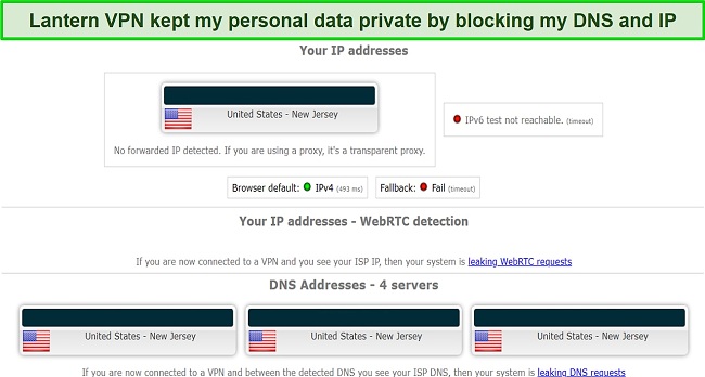 Screenshot of leak test results while using Lantern VPN