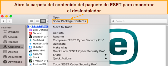 Captura de pantalla que muestra cómo acceder al contenido del paquete de ESET en macOS