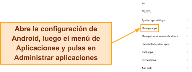 Captura de pantalla que muestra cómo acceder al menú de aplicaciones instaladas en un dispositivo Android