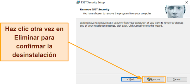 Captura de pantalla del desinstalador de ESET que solicita confirmación antes de eliminar la aplicación