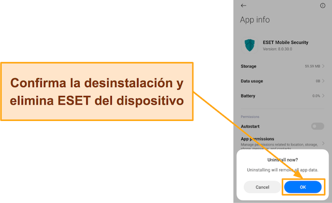 Captura de pantalla de una solicitud de confirmación antes de desinstalar completamente ESET Mobile Security